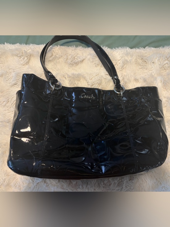 Coach Handbags - Coach Black Patent Leather Shoulder Tote with Signature Pattern